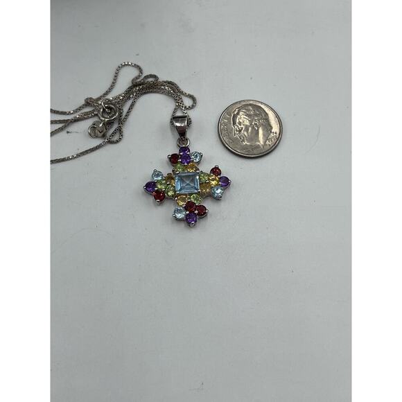 Sterling Silver Multi Color Gemstones Signed Cross Pendant Necklace Garnet Topaz - Picture 12 of 13